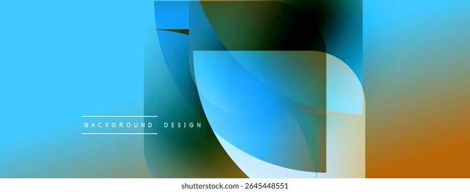 Abstract design features overlapping shapes, vibrant blue hues, orange gradient. Modern aesthetic, clean lines, suitable background element.