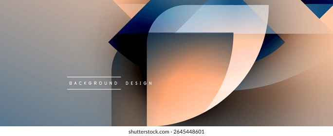Abstract design features overlapping shapes, gradients. Soft blues, oranges create modern visual effect. Minimalist style, clean lines present.