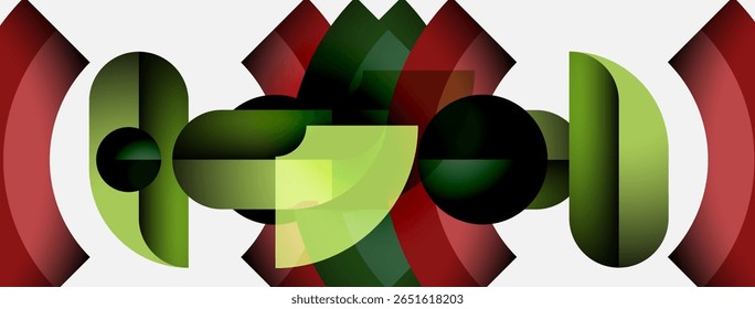 O design abstrato apresenta formas sobrepostas, tons verdes dominam, acentos vermelhos presentes. Padrões geométricos geram interesse visual.