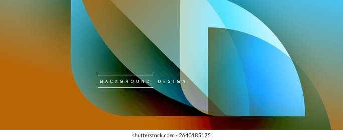 Abstract design features overlapping translucent shapes. Colors blendorange, teal, blue, gray. Minimalist text reads background design. Modern aesthetic.