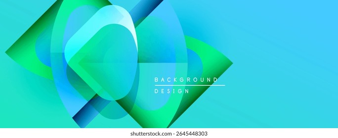 Abstract design features overlapping translucent shapes. Vibrant blue, green hues create dynamic visual effect. Modern, clean aesthetic.