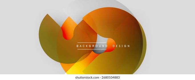 Abstract design features overlapping translucent shapes. Warm orange, yellow hues dominate neutral background. Minimalist text present.