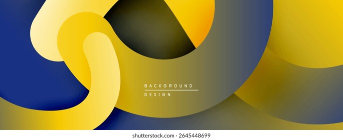 O design abstrato apresenta sobreposições de formas amarelas, douradas e navais. Gradientes suaves e estéticos modernos criam profundidade. Composição minimalista.