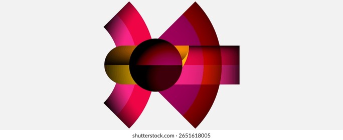 O design abstrato apresenta formas cor-de-rosa, maroons e douradas. Os elementos circulares fazem interseção criando impacto visual dinâmico. Composição minimalista sobre fundo branco.