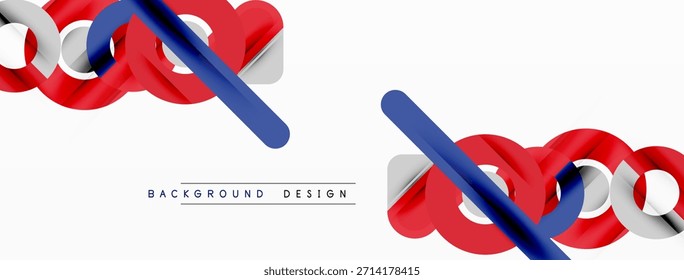 O design abstrato apresenta elementos vermelhos e azuis. Brilho metálico cria composição dinâmica sobre fundo branco. Moderna, estética minimalista.