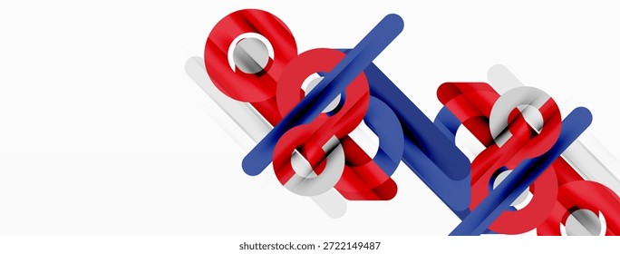 O design abstrato apresenta formas vermelhas, azuis e brancas. As linhas de interseção criam composição dinâmica. Estética minimalista, fundo limpo.