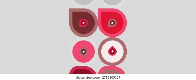 Abstract design features red droplets within gray circles. Shapes vary size, creating simple pattern. Minimalist aesthetic, clean presentation.