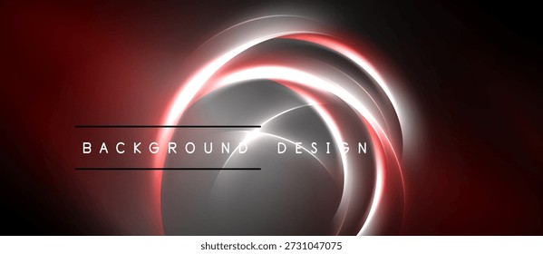 O design abstrato apresenta linhas de luz giratórias, acentos vermelhos, fundo escuro. Estética moderna, adequada para projetos digitais.