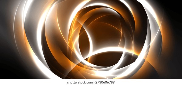 Abstract design features swirling orange, white lines against black background. Dynamic composition evokes energy, movement. Modern aesthetic.