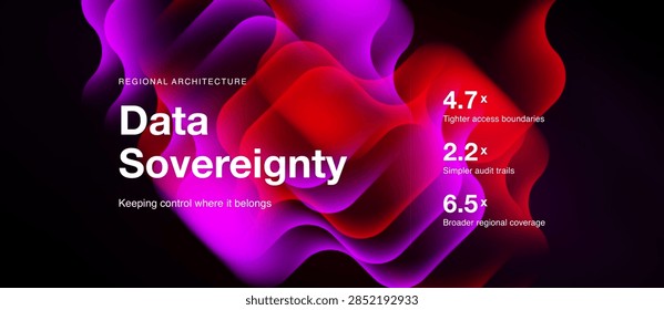 Abstract design features text regarding data sovereignty, regional architecture, control, boundaries, audit trails, coverage. Vibrant pinks dominate dark background.
