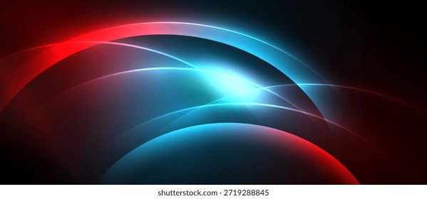 O design abstrato apresenta curvas azuis e vermelhas vibrantes. A luz brilhante emana no centro, criando um efeito visual dinâmico. Fundo escuro aumenta a luminosidade.