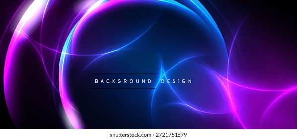 El diseño Abstractas presenta un azul vibrante y un brillo púrpura. Las Formas circulares se superponen creando un efecto visual dinámico. El texto lee el diseño de fondo.
