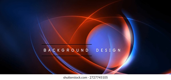 O design abstrato apresenta brilho azul vibrante e vermelho. Formas circulares se sobrepõem criando um efeito visual dinâmico. Fundo escuro aumenta a luminosidade.