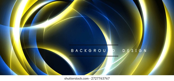 El diseño Abstractas presenta curvas azules y amarillas vibrantes. La composición dinámica crea un impacto visual moderno y enérgico. El texto de fondo lee el diseño de fondo.
