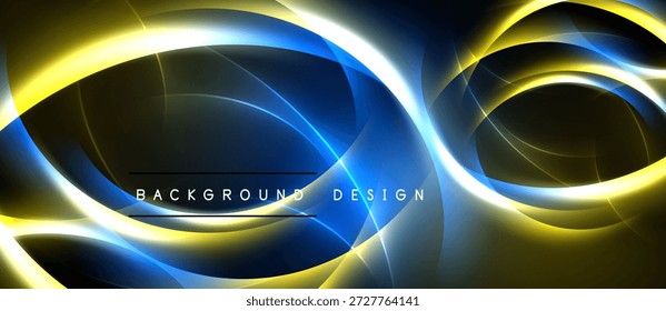 El diseño Abstractas presenta rayas de luz azul vibrante y amarilla. Las curvas dinámicas crean un impacto visual moderno y enérgico. El fondo oscuro mejora la luminosidad.