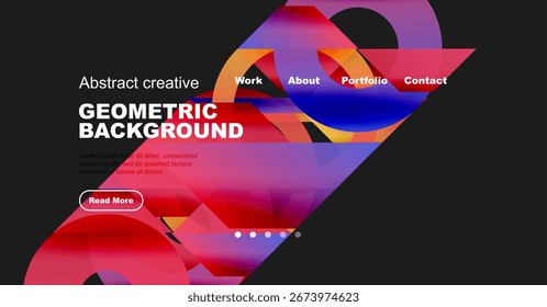 Abstract design features vibrant colors, geometric shapes, website navigation elements. Text promotes portfolio, contact information.