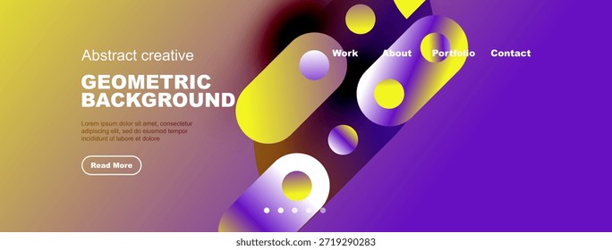 Das abstrakte Design bietet lebendige Farben, geometrische Formen, Textelemente und ein Navigationsmenü. Moderne Ästhetik passend für Website-Header.