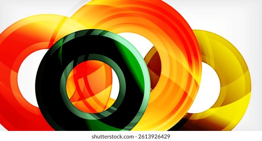 Abstract design features vibrant concentric circles. Orange, yellow, green hues blend creating dynamic visual effect. Modern, smooth gradients suggest movement, energy.