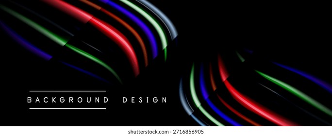Abstract design features vibrant curved lines against black backdrop. Modern aesthetic, dynamic composition, sleek presentation.