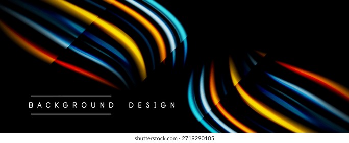 O design abstrato apresenta linhas curvas vibrantes, contrastando cores com o fundo escuro. Moderna composição estética e dinâmica.