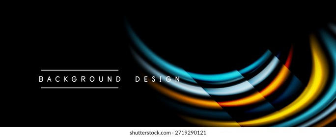 El diseño Abstractas presenta líneas curvas vibrantes sobre fondo negro. Estética moderna, composición dinámica, presentación elegante.