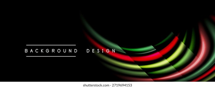 El diseño Abstractas presenta líneas curvas vibrantes sobre fondo negro. Estética moderna, composición dinámica, presentación elegante.