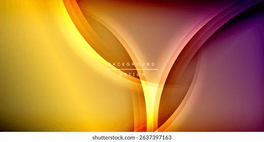 Abstract design features vibrant curves, warm colors. Yellow, orange, purple blend into dark background. Modern aesthetic, smooth gradients present.