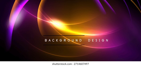 O design abstrato apresenta curvas vibrantes, gradientes. Matizes roxos, laranja e amarelos dominam o fundo escuro. Moderna composição estética e dinâmica.