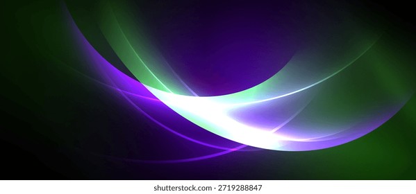 O design abstrato apresenta curvas vibrantes, centro branco luminoso, fundo escuro. Matizes verdes e roxos criam um efeito visual dinâmico.