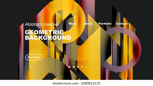 Abstraktes Design mit lebendigen geometrischen Formen, Text-Overlays, Navigationsmenü. Moderne ästhetisch geeignete Website Header oder Banner.