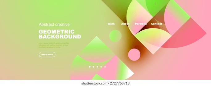 El diseño Abstractas presenta vibrantes Formas geométricas, Gradientes. El encabezado del Sitio web incluye opciones de navegación, Elementos de texto. Estética moderna.