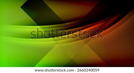 Abstract design features vibrant gradients, flowing shapes, geometric forms. Dark background contrasts bright colors, creating dynamic visual effect.