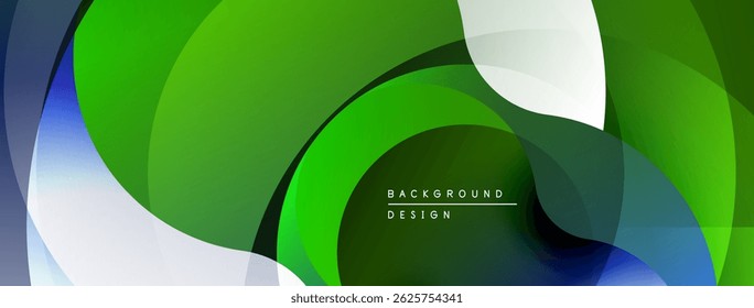 Abstract design features vibrant green, blue, white shapes. Modern composition creates dynamic visual experience. Smooth gradients enhance depth.