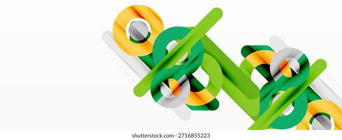 El diseño Abstractas presenta líneas verdes, doradas y grises vibrantes. Las Formas se superponen creando un efecto visual dinámico. Estética moderna y limpia.