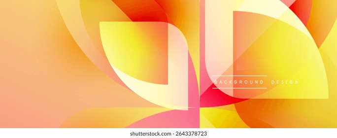 Abstract design features vibrant orange, yellow hues. Overlapping shapes create dynamic visual effect. Modern, clean aesthetic.