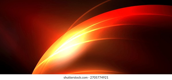 Abstract design features vibrant orange, red curves. Light radiates from center, creating dynamic visual effect. Dark background emphasizes luminosity.