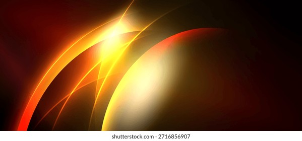 O design abstrato apresenta curvas laranja vibrante e amarela contra o fundo escuro. A luz brilhante irradia do centro, criando um efeito dinâmico.