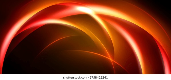 Abstract design features vibrant orange, red curves. Bright light emanates from center, creating dynamic visual effect. Dark background enhances glow.