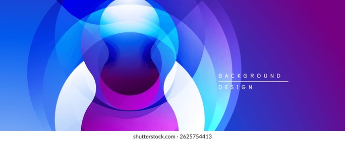 Abstract design features vibrant overlapping circles. Blue, purple, white hues create dynamic visual effect. Modern background element.