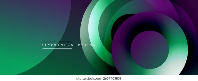 Abstract design features vibrant overlapping circles, gradients. Modern aesthetic, dark background enhances colorful elements. Smooth transitions create dynamic visual impact.