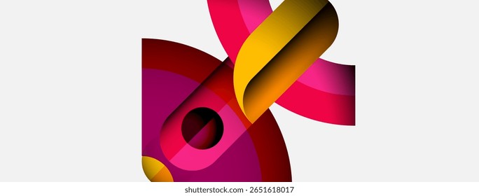Abstract design features vibrant overlapping ribbons. Pink, yellow, maroon hues create dynamic visual impact. Modern, flowing composition.