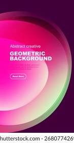 Abstract design features vibrant pink, green gradients. Geometric shapes create modern background with text, button.