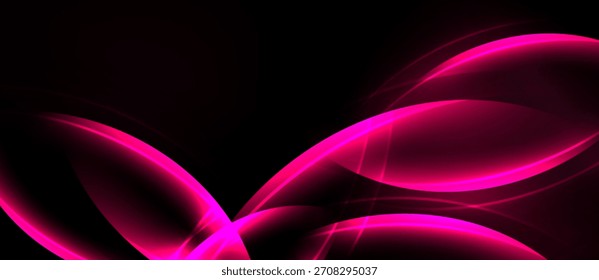 El diseño Abstractas presenta vibrantes curvas de color rosa sobre fondo oscuro. Las líneas suaves crean una composición dinámica y fluida. Estética moderna.
