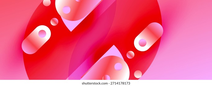Design abstrato apresenta rosa vibrante, vermelhos. As formas de fluido se sobrepõem criando um efeito visual dinâmico. Gradientes suaves sugerem luz, profundidade.