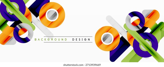 El diseño Abstractas presenta cintas vibrantes, círculos, Formas geométricas. El fondo blanco proporciona contraste limpio, estética moderna.