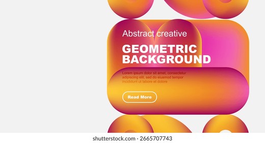 Abstract design features vibrant shapes, text overlay, button. Modern aesthetic suitable for digital projects.