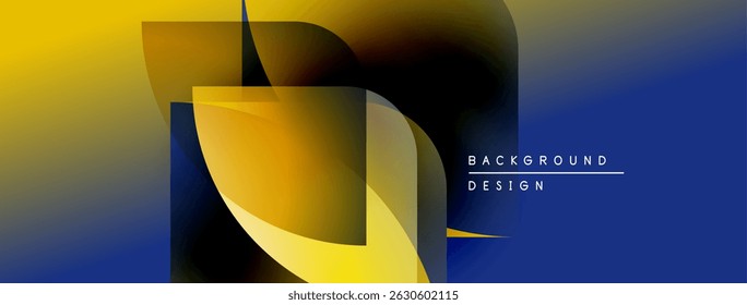 Abstract design features vibrant yellow, blue gradients. Overlapping shapes create dynamic visual effect. Text reads background design.