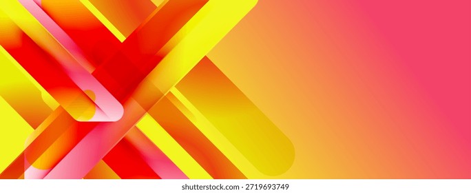 O design abstrato apresenta vibrantes gradientes amarelo, laranja e vermelho. As formas se sobrepõem criando um efeito visual dinâmico. Fundo rosa fornece contraste.