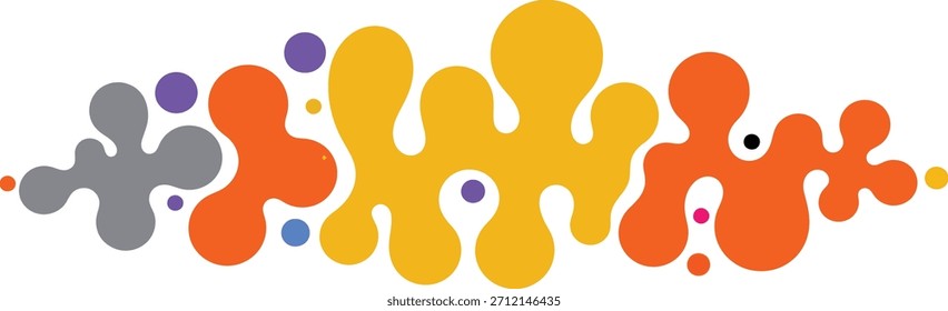 Abstract design featuring an arrangement of paint splatters, blobs, and dots in gray, orange, yellow, and purple colors. This graphic element creates a background or border.