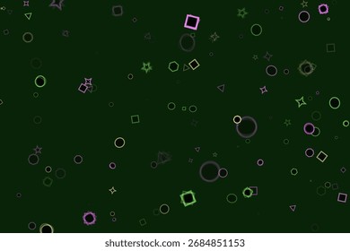 Abstract design featuring an assortment of geometrical shapes circle, star, square, triangle, and hexagon scattered on a dark green background.